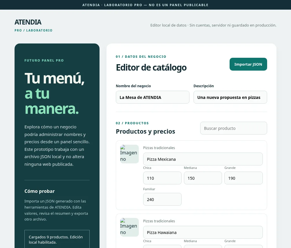 Captura del laboratorio ATENDIA Pro, prototipo local para edición de catálogo